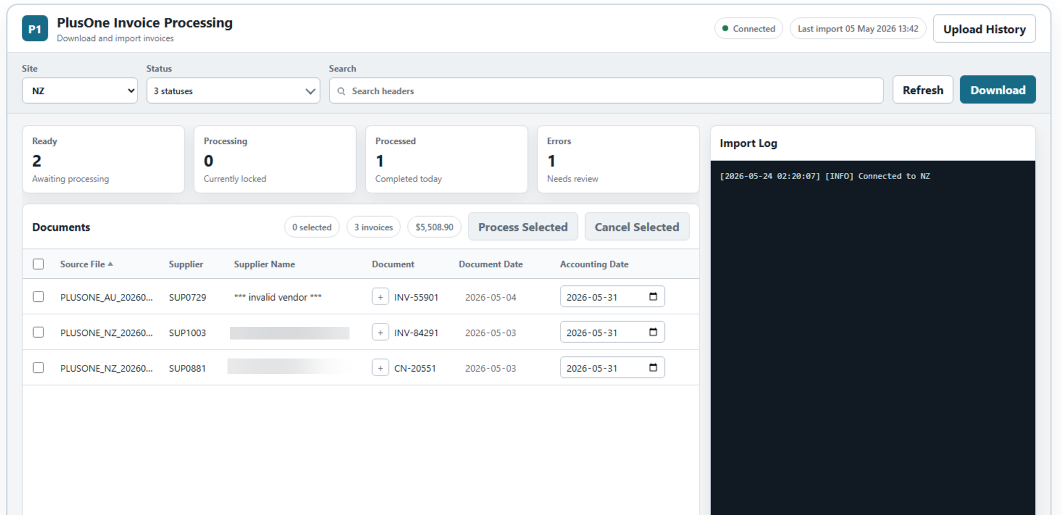 Invoice processing screen showing document counts by status, a list of supplier invoices with an invalid vendor flagged, and an import log